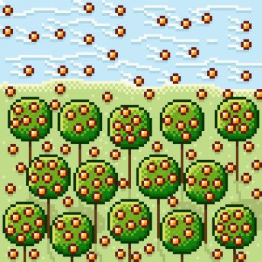 Turuncu bahçe pikseli. Portakal ağacı pikseli. Vektör resmi.