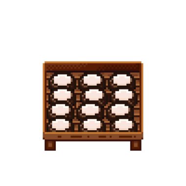 Meyve dükkânı pikselleri. Tahta bir sandıkta hindistan cevizi. Hindistan cevizi, besin pikseli resim simgesi beyaz arkaplanda izole.