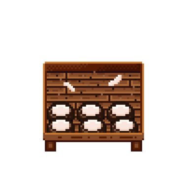 Meyve dükkânı pikselleri. Tahta bir sandıkta hindistan cevizi. Hindistan cevizi, besin pikseli resim simgesi beyaz arkaplanda izole.