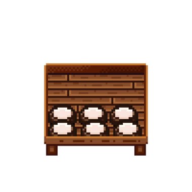 Meyve dükkânı pikselleri. Tahta bir sandıkta hindistan cevizi. Hindistan cevizi, besin pikseli resim simgesi beyaz arkaplanda izole.