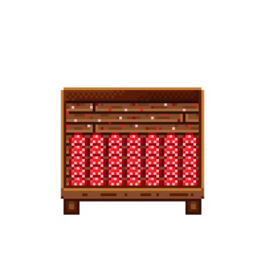 Sebze dükkânı pikseli. Tahta sandıktaki mantarlar. Mantar, besin pikseli resim simgesi beyaz arkaplanda izole.