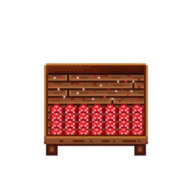 Sebze dükkânı pikseli. Tahta sandıktaki mantarlar. Mantar, besin pikseli resim simgesi beyaz arkaplanda izole.