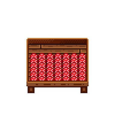 Sebze dükkânı pikseli. Tahta sandıktaki mantarlar. Mantar, besin pikseli resim simgesi beyaz arkaplanda izole.