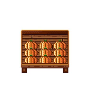 Sebze dükkânı pikseli. Tahta bir sandıkta balkabağı. Kabaklar, besin pikseli resim simgesi beyaz arkaplanda izole.