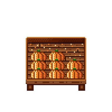 Sebze dükkânı pikseli. Tahta bir sandıkta balkabağı. Kabaklar, besin pikseli resim simgesi beyaz arkaplanda izole.