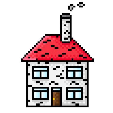 Terk edilmiş ev pikseli. Vektör piksel sanatı. Yıkılmış ev.