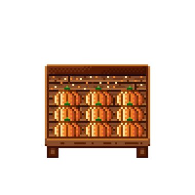 Sebze dükkânı pikseli. Tahta bir sandıkta balkabağı. Kabaklar, besin pikseli resim simgesi beyaz arkaplanda izole.