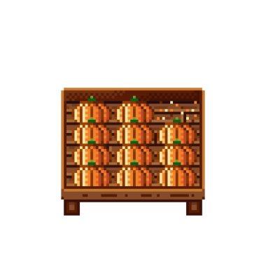 Sebze dükkânı pikseli. Tahta bir sandıkta balkabağı. Kabaklar, besin pikseli resim simgesi beyaz arkaplanda izole.