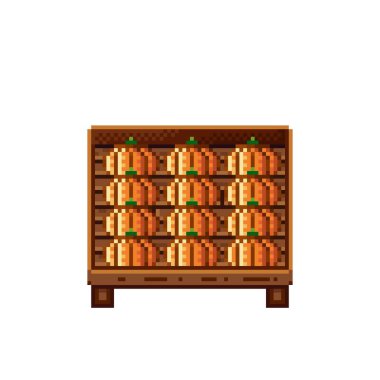 Sebze dükkânı pikseli. Tahta bir sandıkta balkabağı. Kabaklar, besin pikseli resim simgesi beyaz arkaplanda izole.