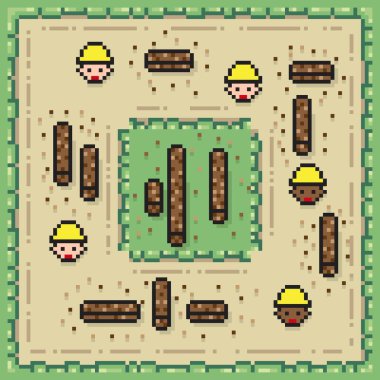 Tahta taşıma mühendisi piksel sanatı. İşçiler. Vektör resmi.