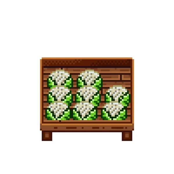 Tienda Verduras Pixel Art Coliflor Una Caja Madera Coliflor Cabeza — Vector de stock