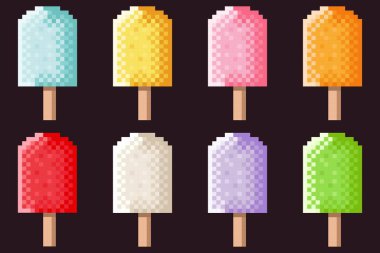 Dondurma çubukları piksel resim seti. Vektör illüstrasyonu.