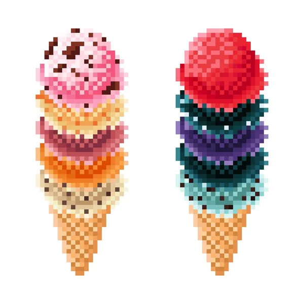 Ice Cream Cone Pixel Art Set Vector Illustration — стоковый вектор