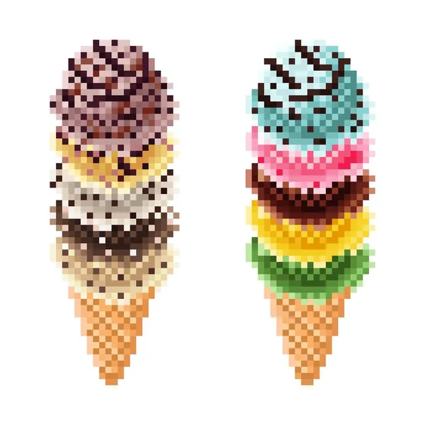 Ice Cream Cone Pixel Art Set Vector Illustration — стоковый вектор