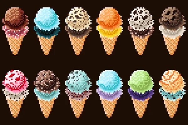 Conjunto Arte Píxeles Cono Helado Ilustración Vectorial — Vector de stock