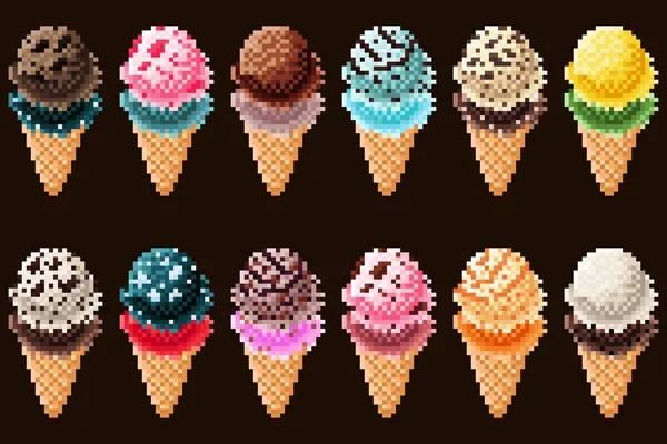 Conjunto Arte Pixel Cone Sorvete Ilustração Vetorial —  Vetores de Stock