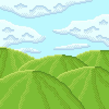 Peyzaj piksel sanatı. Dağlı, otlu ve bulutlu bir yer. Vektör resmi. Dağ piksel sanatı.