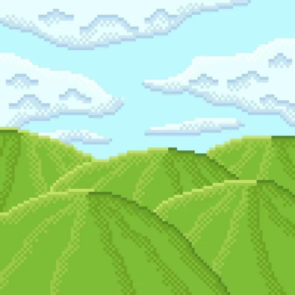 Paisagem Pixel Art Localização Com Montanhas Grama Nuvens Imagem Vetorial —  Vetores de Stock