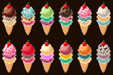 Dondurma külahı pikseli resim seti. Vektör illüstrasyonu.