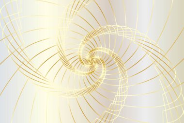 Distorted abstract lines, wireframe tunnel. The gold spiral line, Golden Ratio on the white gold background. Vector illustration.