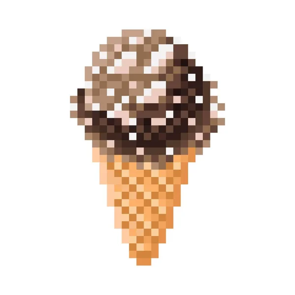 チョコレートアイスクリームコーンピクセルアート ベクターイラスト — ストックベクタ