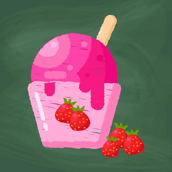 Strawberry Ice Cream Cup Icon Design Colorful Chalk Draw Picture — стоковый вектор