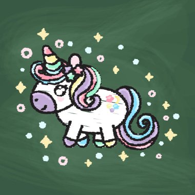 Şirin tek boynuzlu at tasarımı, renkli tebeşir. Tahtaya bir resim çiz.