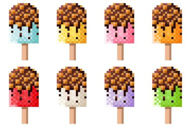 Çikolata kaplı dondurma çubuklarının pikselli sanat seti. Vektör illüstrasyonu.