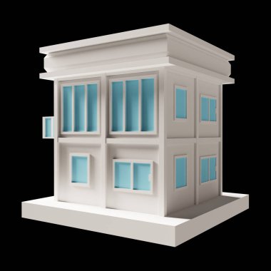 White building or modern style 2-floor house model. Architecture, low poly Perspective 3d rendering.  Blue window and door.