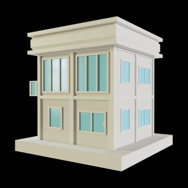 White House, modern style, 2-floor model. Architecture Made from paper, low poly perspective 3d rendering. Blue windows and doors.