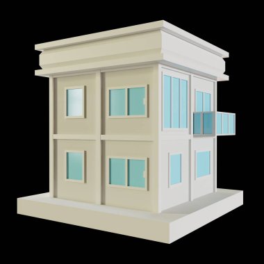 White House, modern style, 2-floor model. Architecture Made from paper, low poly perspective 3d rendering. Blue windows and doors.