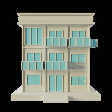 White House, modern style, 2-floor model. Architecture Made from paper, low poly front 3d rendering. Blue windows and doors.