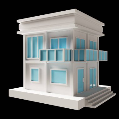 White building or modern style 2-floor house model. Architecture, low poly Perspective 3d rendering.  Blue window and door.