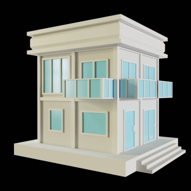 White House, modern style, 2-floor model. Architecture Made from paper, low poly perspective 3d rendering. Blue windows and doors.