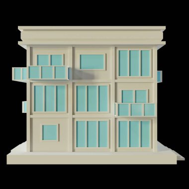 White House, modern style, 3-floor model. Architecture Made from paper, low poly side 3d rendering. Blue windows and doors.