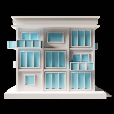 White building or modern style 3-floor house model. Architecture, low poly side 3d rendering. Blue window and door.