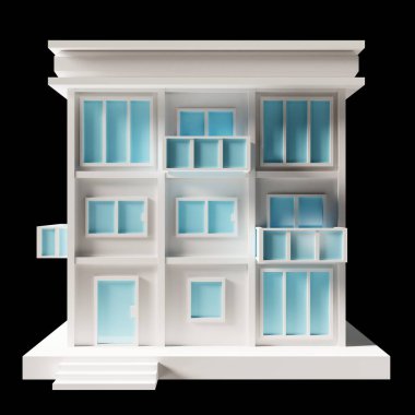White building or modern style 3-floor house model. Architecture, low poly behind 3d rendering. Blue window and door.