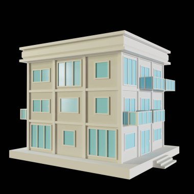 White House, modern style, 3-floor model. Architecture Made from paper, low poly perspective 3d rendering. Blue windows and doors.