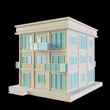 White House, modern style, 3-floor model. Architecture Made from paper, low poly perspective 3d rendering. Blue windows and doors.