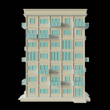 White House, modern style, 7-floor model. Architecture Made from paper, low poly behind 3d rendering. Blue windows and doors.