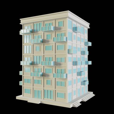White House, modern style, 7-floor model. Architecture Made from paper, low poly perspective 3d rendering. Blue windows and doors.
