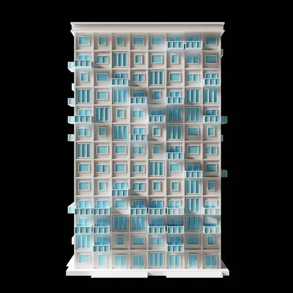 White building, modern style, 13-floor model. Architecture, low poly front 3d rendering. Blue window and door.