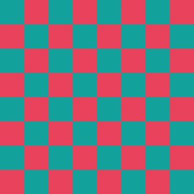 Pink and blue checkerboard pattern background.