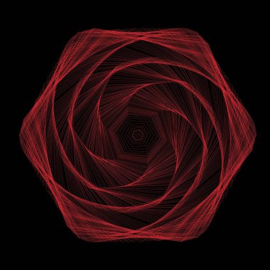 Vector colored spiral. Distorted abstract lines, wireframe tunnel. Spiral hexagon. Radial sound wave.