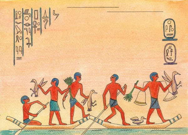带有符号的埃及纸莎草 象形文字 埃及风格的明信片 船上的埃及人 猎人和渔民 尼罗河上的船只 — 图库照片