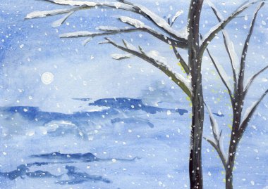 Mavi arka planda karla kaplı ağaçlar, Ay 'ın arka planında ormanda kar yağışı, kar taneleri ve Noel.