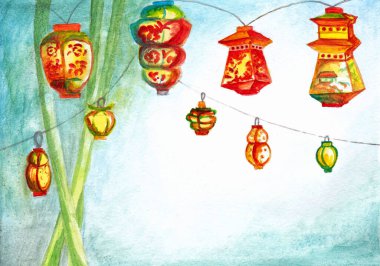 Suluboya ile boyanmış Japon fenerleri, mavi arka planda parlak fenerler.