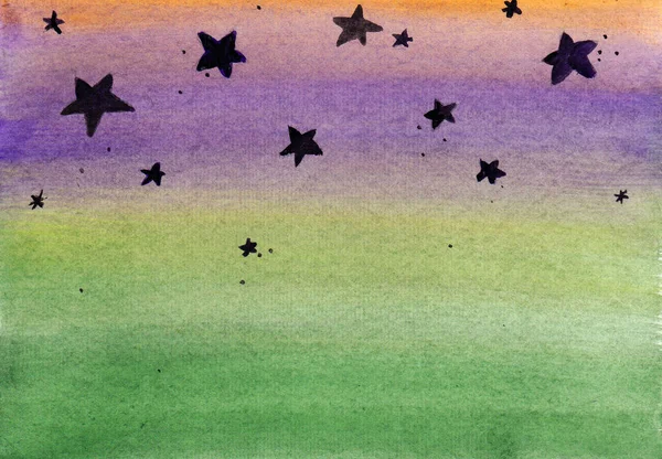 Αστέρια Μαύρου Χρώματος Φόντο Λιλά Και Πράσινου Ουρανού Βαμμένα Ακουαρέλα — Φωτογραφία Αρχείου