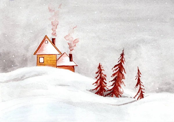 Casa Madera Bosque Nevado Tres Árboles Navidad — Foto de Stock