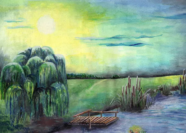 A tree near a river in the moonlight, a painted landscape, a fragment of a picture